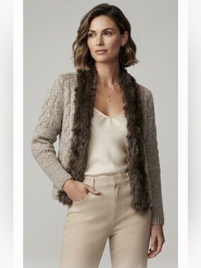 Women's Cable Knit Cardigan Sweater with Faux Fur Trim